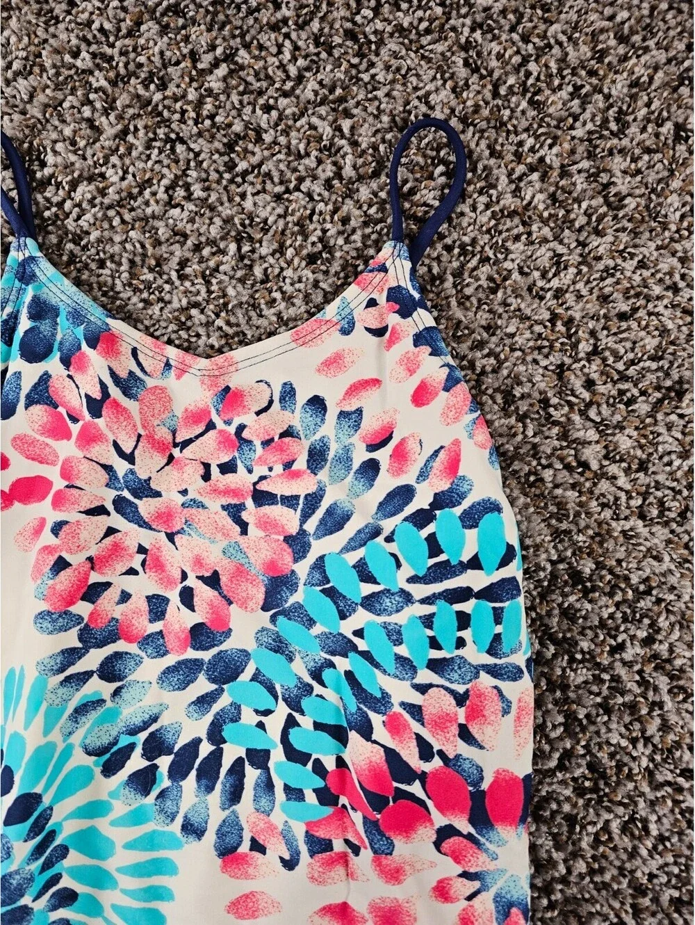 Okami Hawaii Girls Sz 14 One Piece Swimsuit Blue Pink Geometric Floral Print
